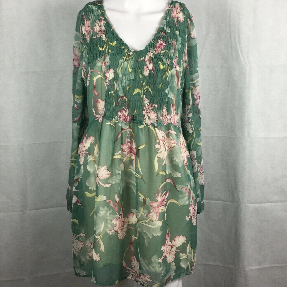 Lucca Dress Women Sz M Green Pink Floral Long Sleeve Ruffle Sundress Lightweight